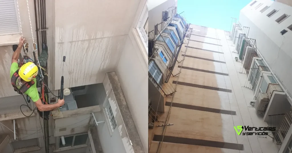 Tareas de conservación y mantenimiento de patio de luces efectuada por trabajador de Verticales y Servicios.