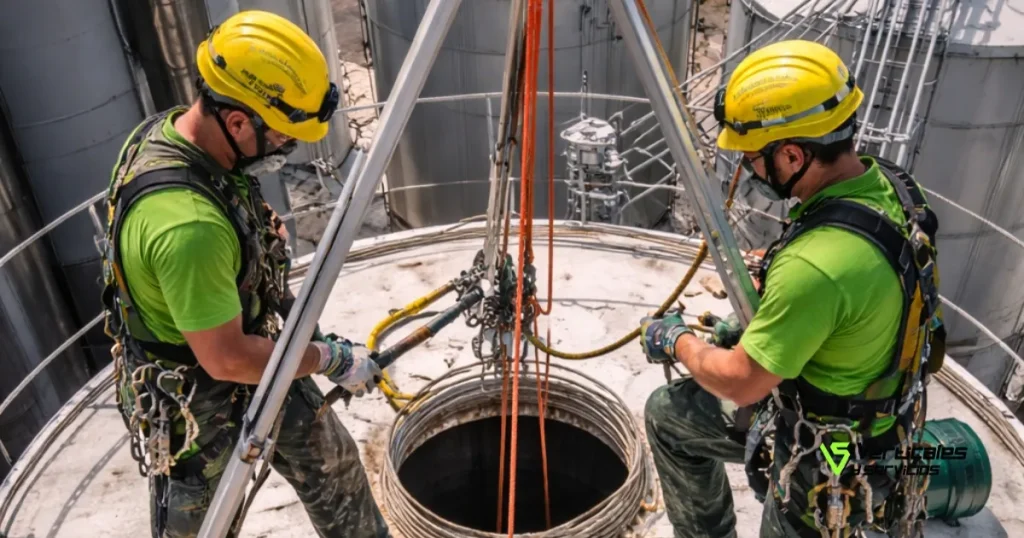Técnicos especialistas en trabajos verticales equipados con arneses y sistemas de seguridad para acceder al interior de un silo industrial.