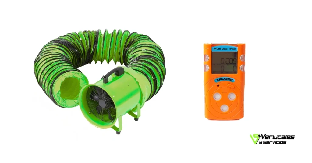 Equipos de seguridad para espacios confinados: ventilador extractor portátil y detector de gases multigas para limpieza de silos.