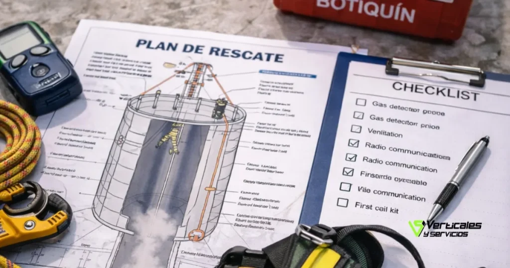 Documentación de prevención de riesgos laborales mostrando un plan de rescate en silos y checklist de seguridad antes de iniciar el trabajo.